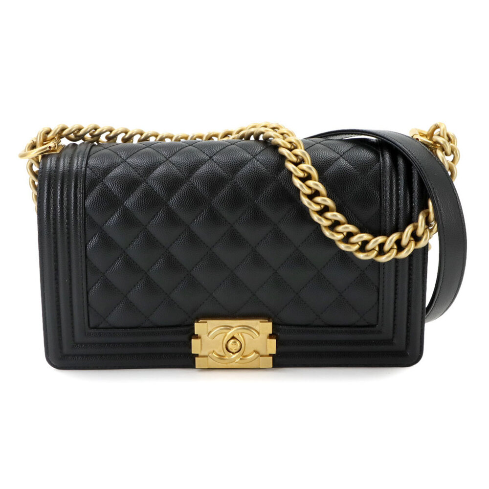Chanel Boy Chain Shoulder Handbag, Caviar Leather, Black, A67086, Gold Hardwa...